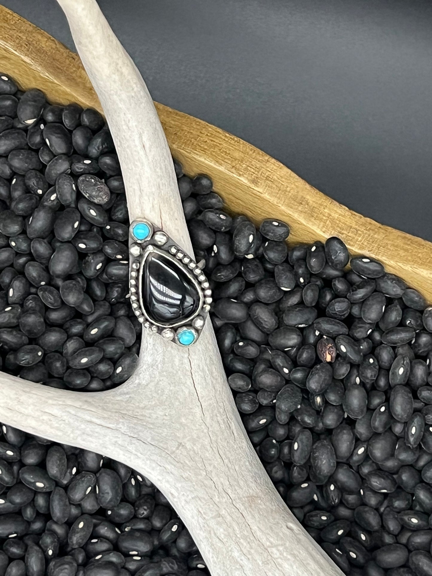 Onyx and Turquoise Teardrop Adjustable Ring